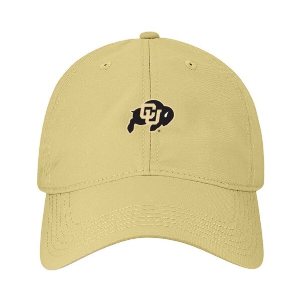 A vegas gold hat with a c-u buffalo logo on the front, and a curved bill as well as an adjustable strap.